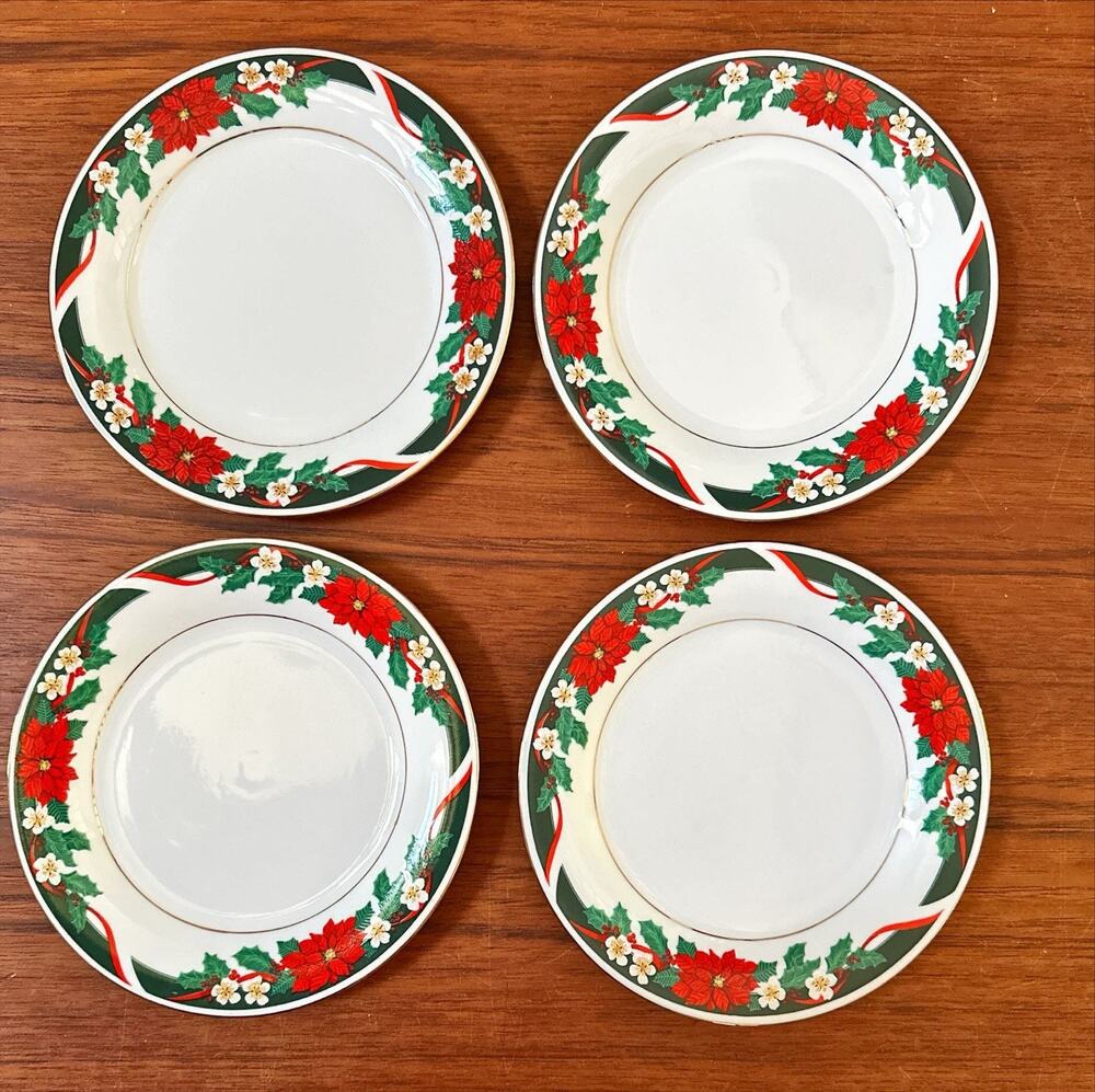4 TIENSHAN Deck the Hall Fine China 7 1/2" Poinsettia Salad Plates